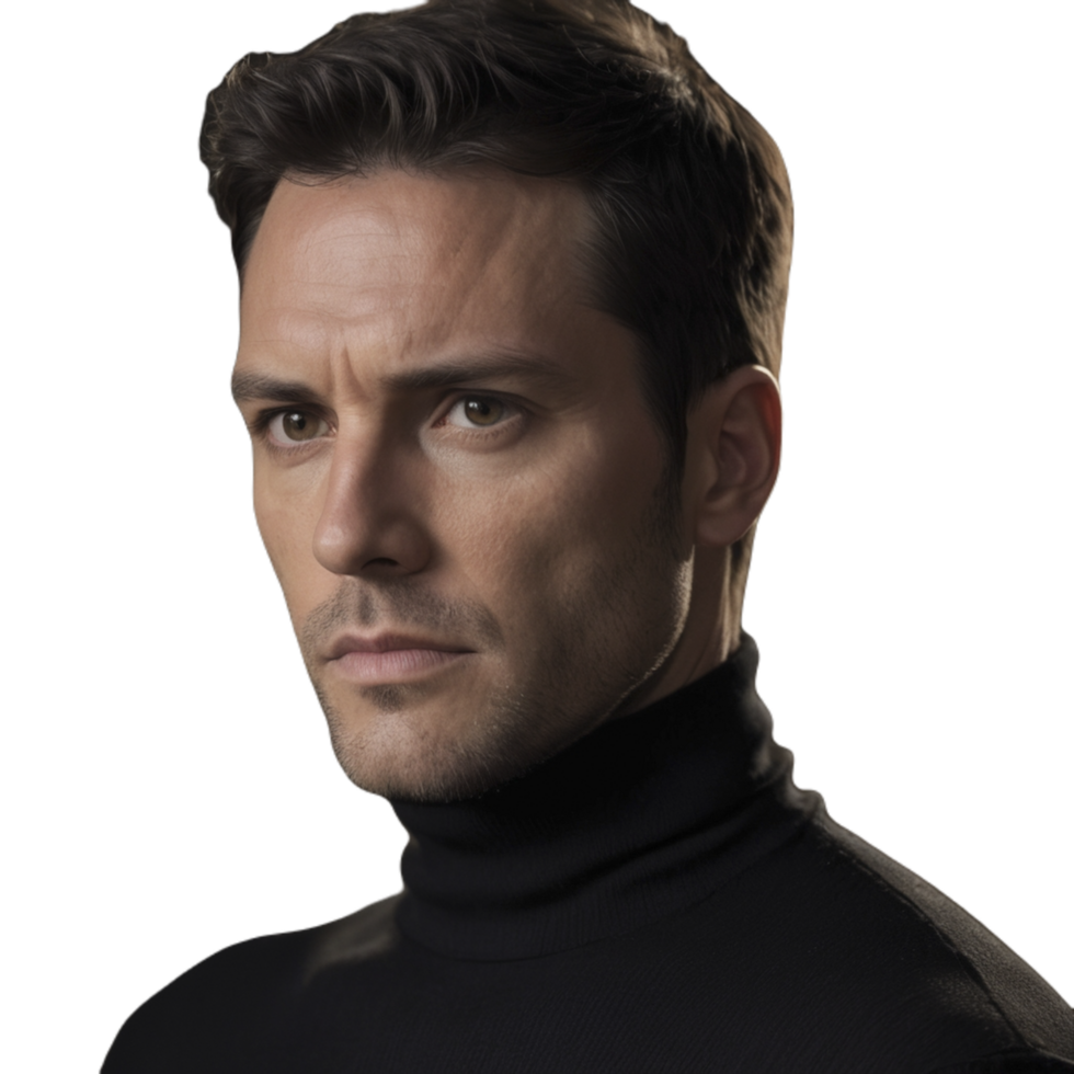 A man in a turtle neck sweater and black shirt png