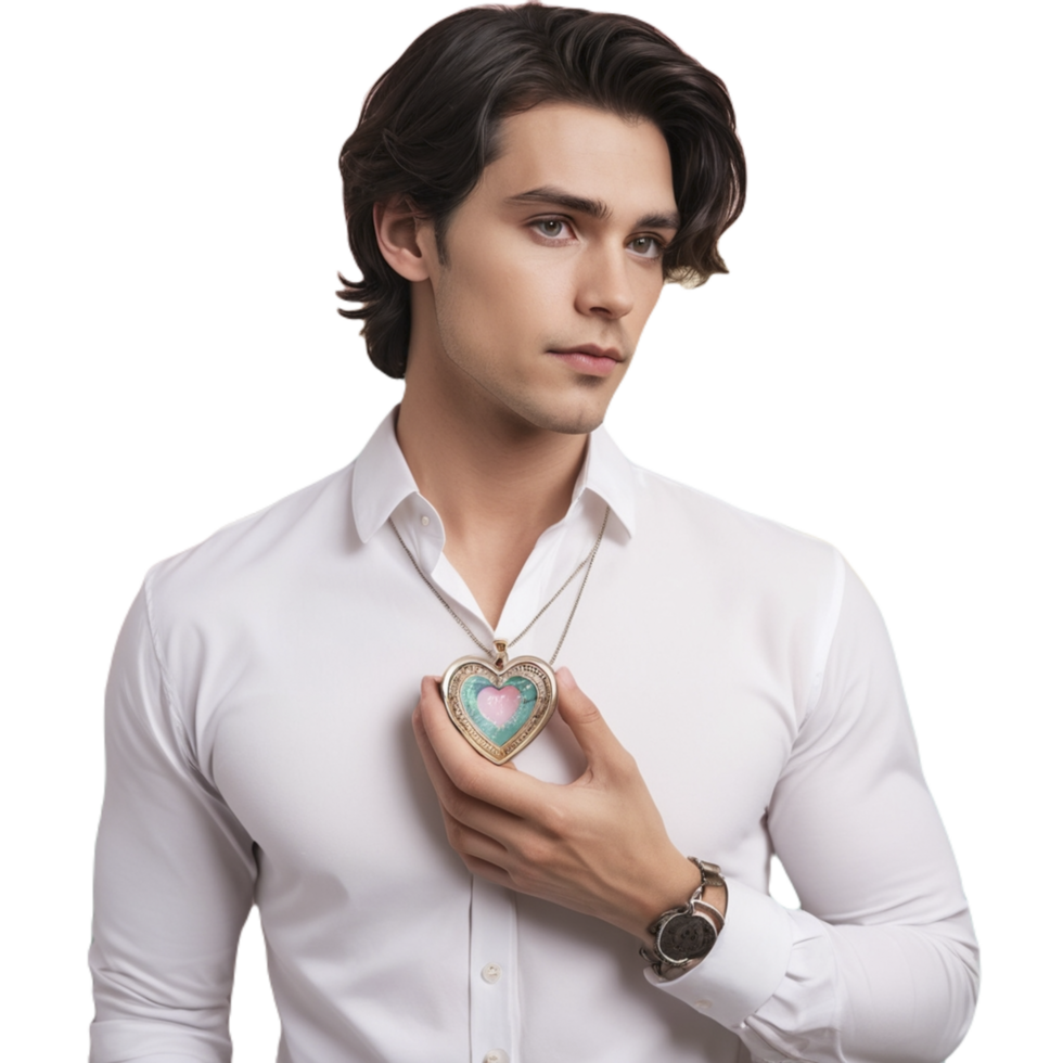 A man in a white shirt holding a heart shaped pendant png