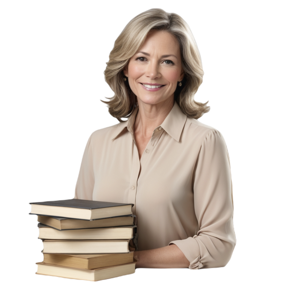 A woman holding a stack of books png