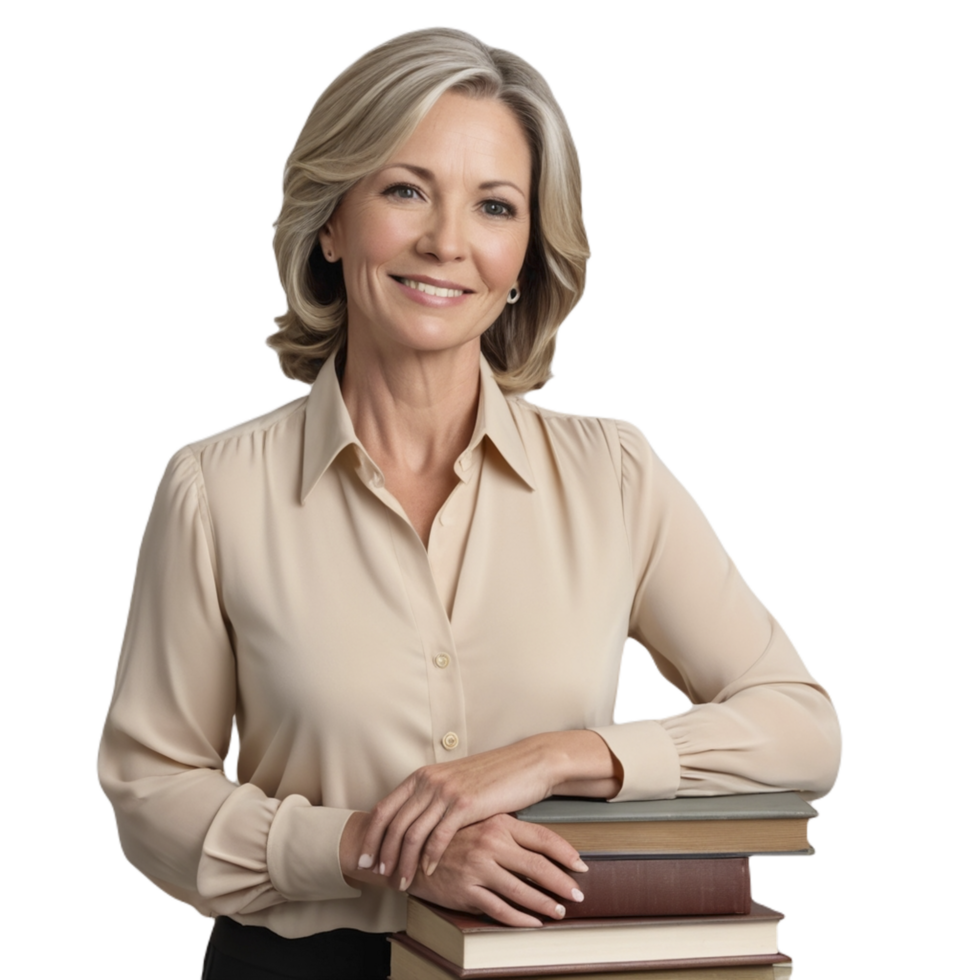 A woman in a beige shirt and black blazer holding a stack of books png