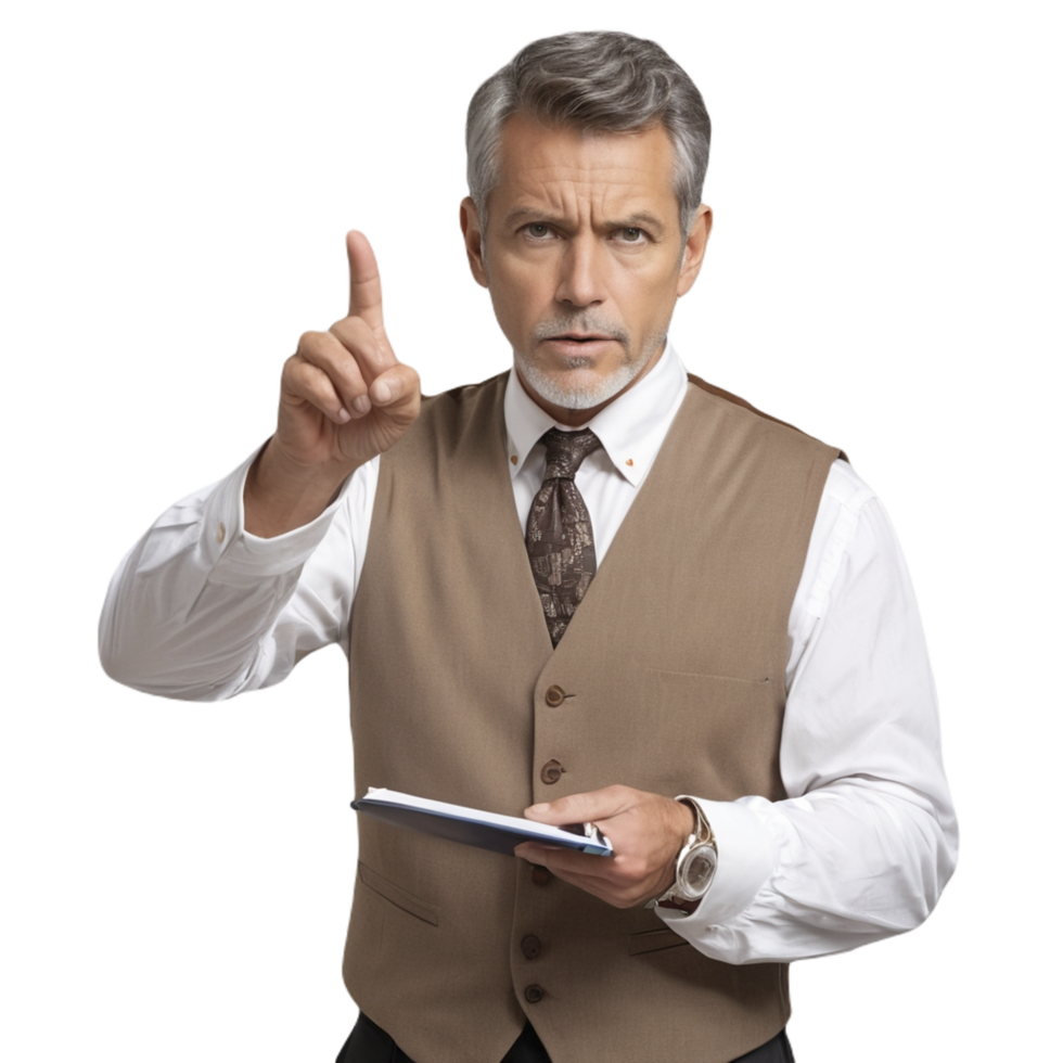 A man in a vest and tie holding a clipboard png