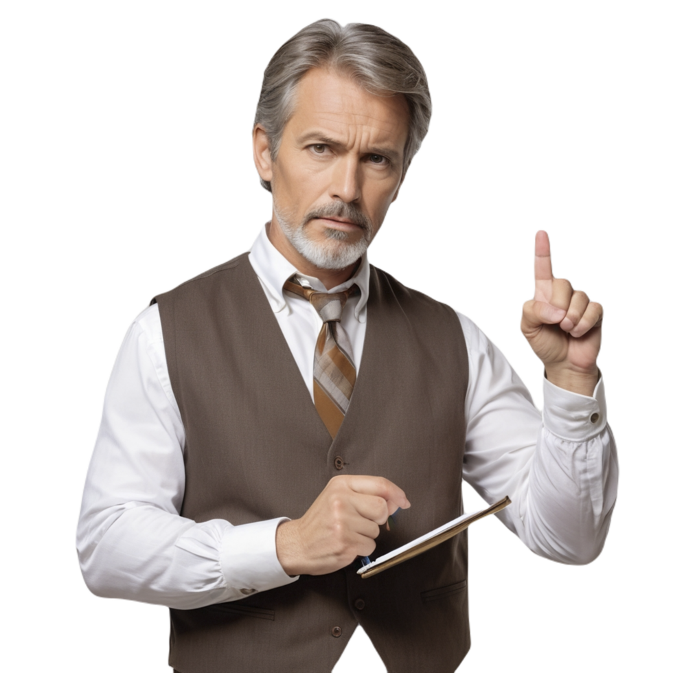A man in a vest and tie is holding a clipboard png