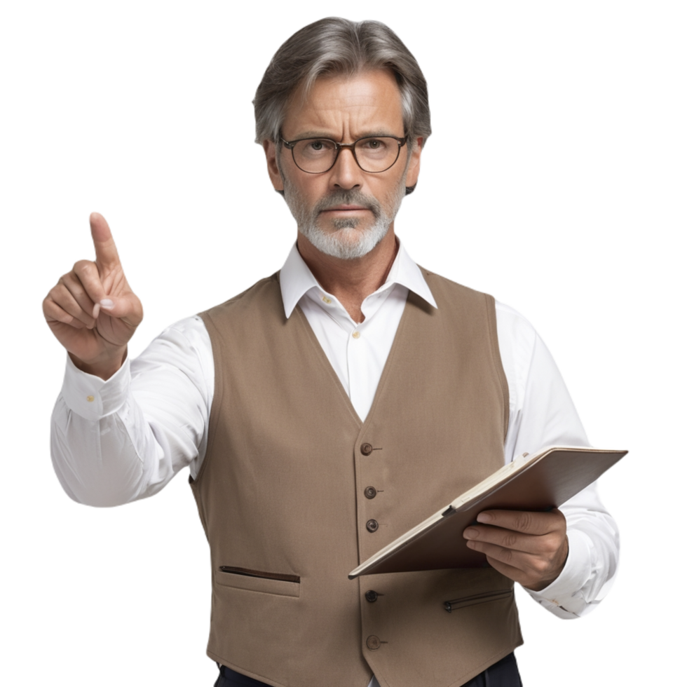 A man in glasses and a vest is holding a clipboard png