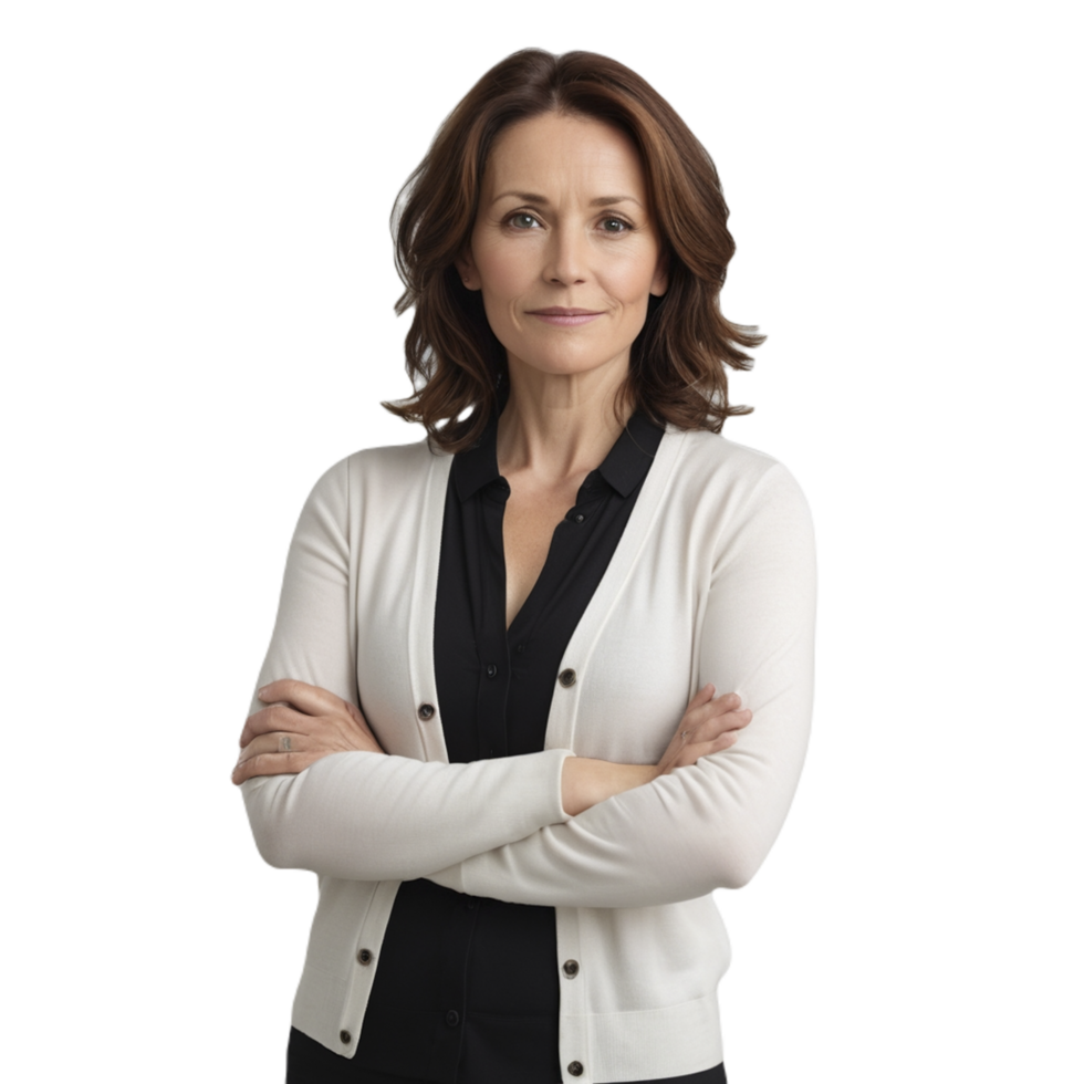 A woman in a white cardigan and black pants png