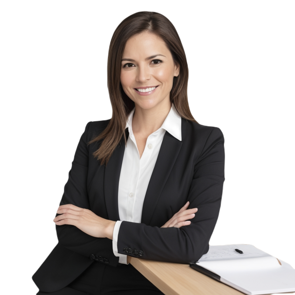 A woman in a business suit sitting at a desk png