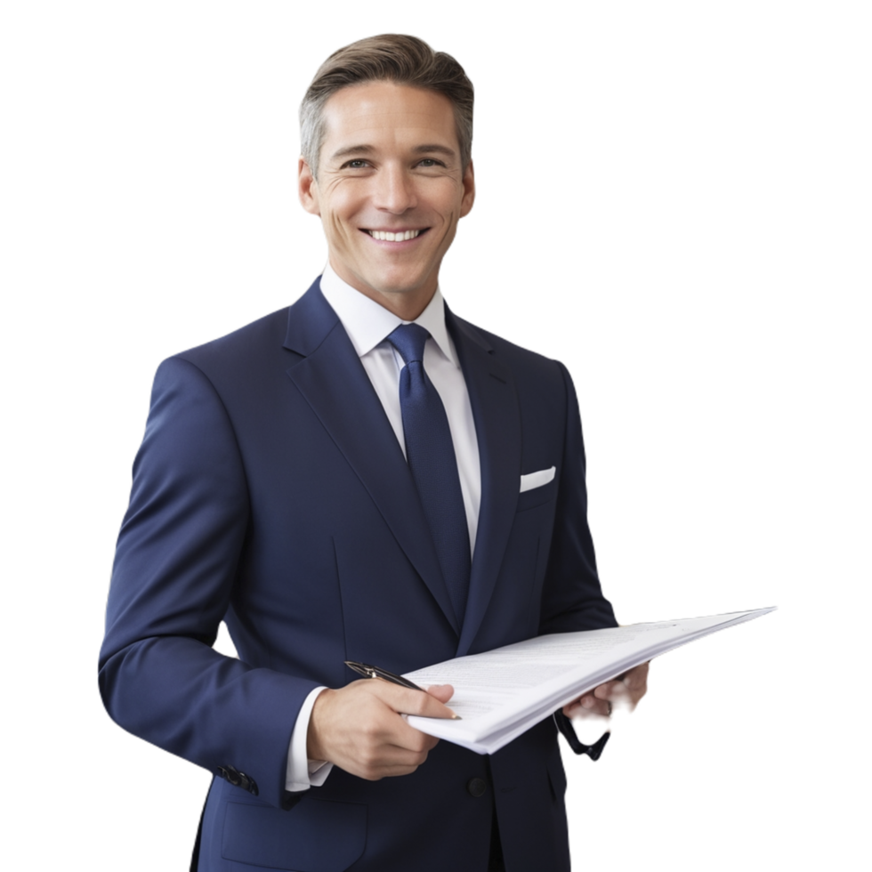 A man in a suit holding a piece of paper png