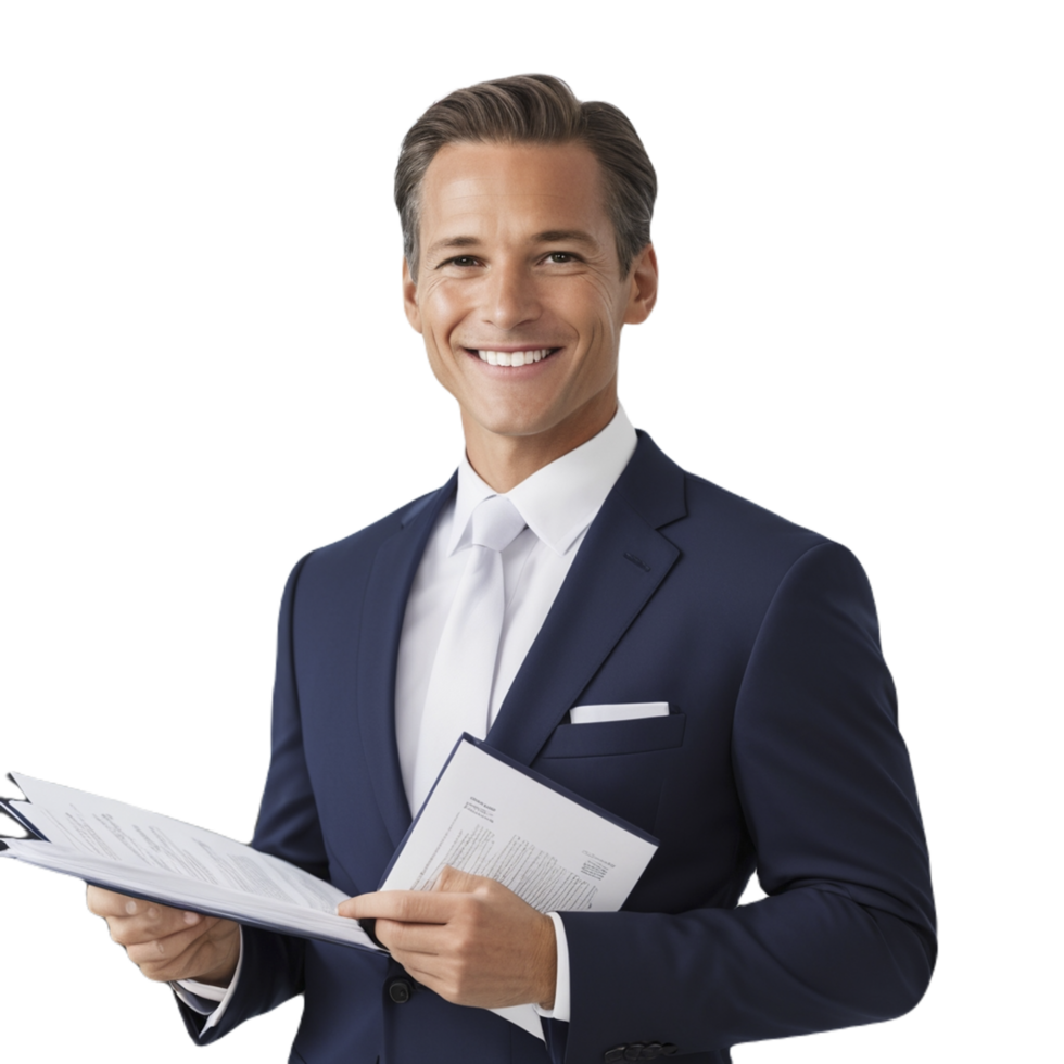 A man in a suit holding a folder png