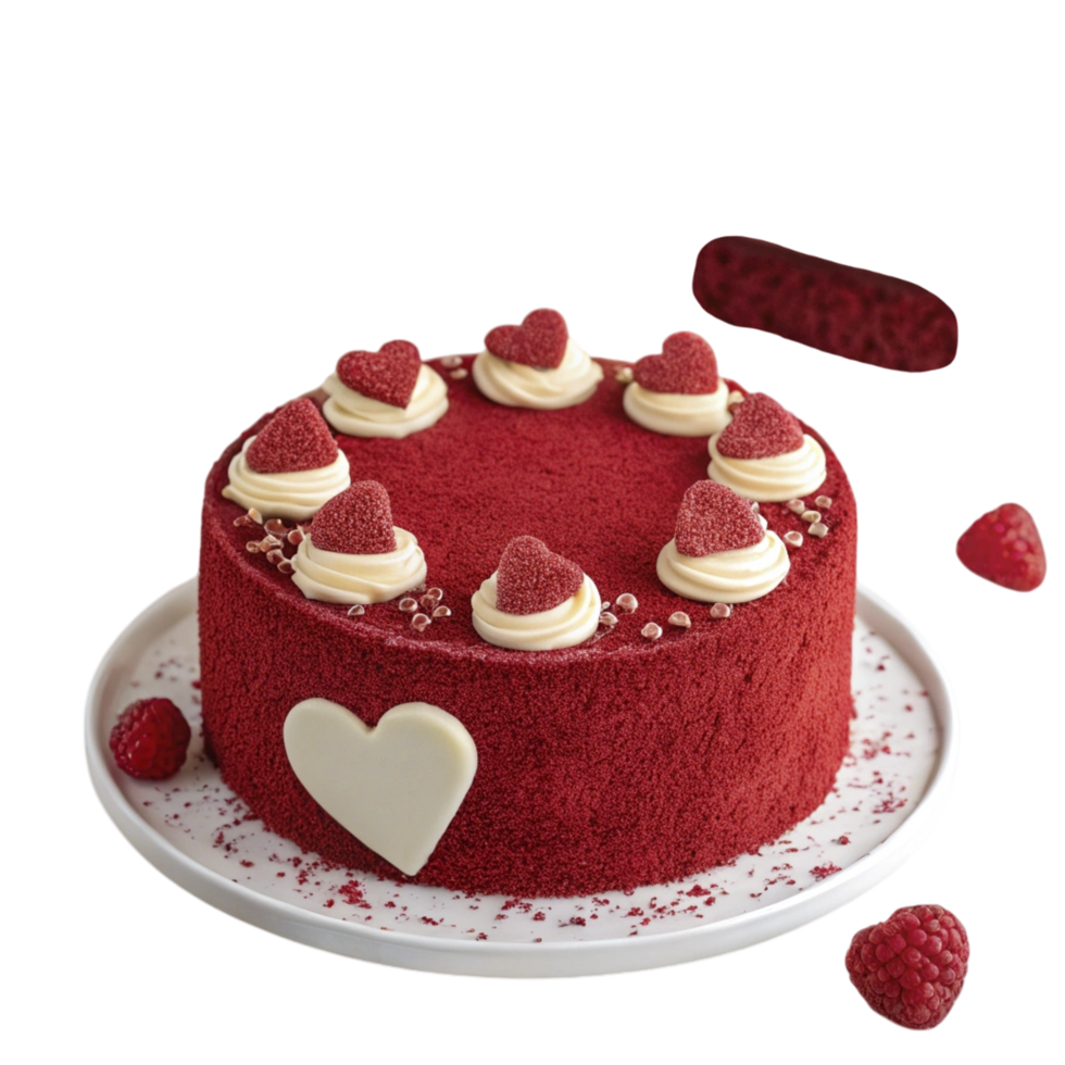 A red velvet cake with white frosting and raspberries png