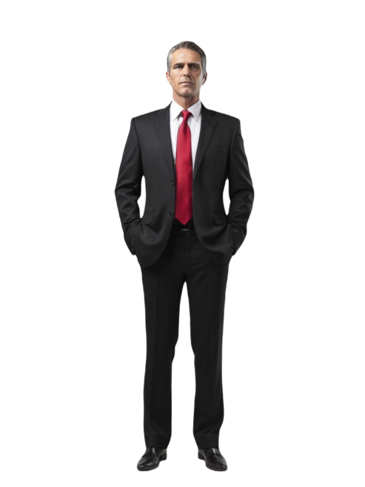 A man in a suit and red tie standing png