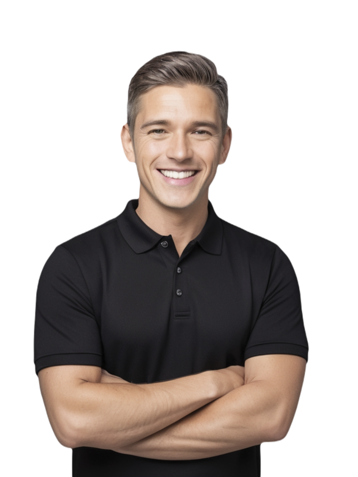 A man in a black polo shirt smiling png