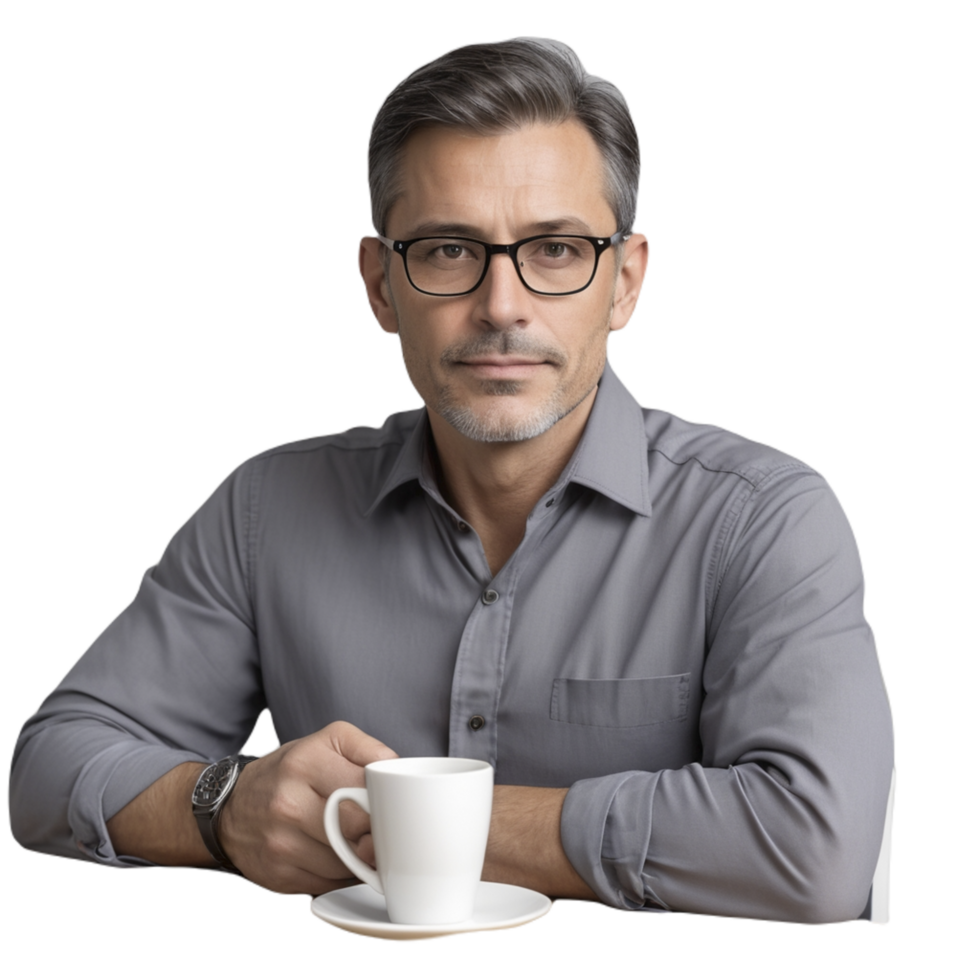 A man with glasses and a cup of coffee png
