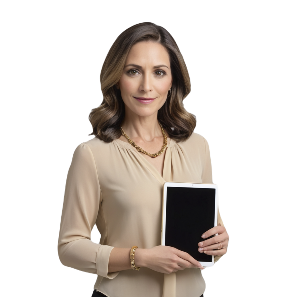 A woman holding a tablet computer png