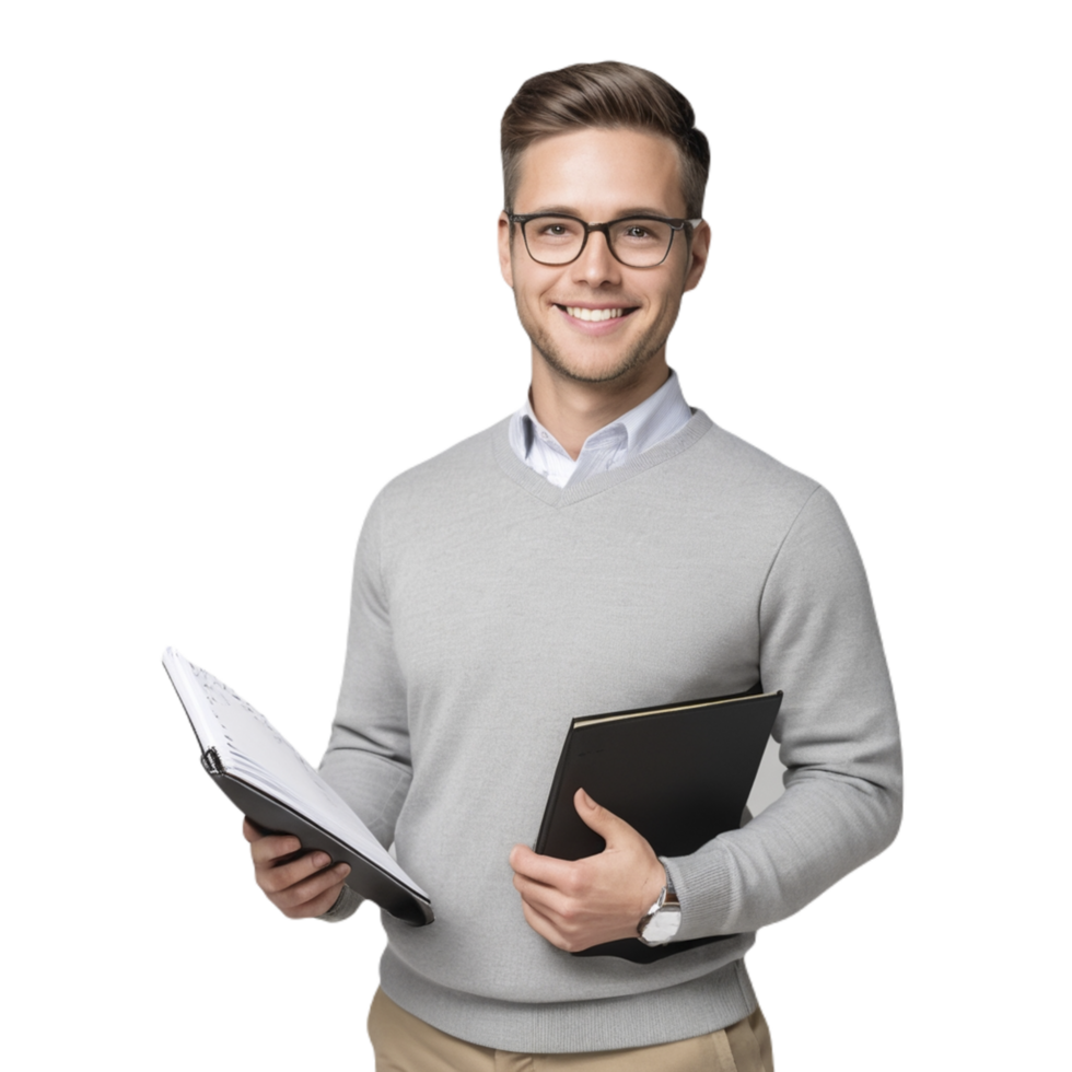 A man in glasses holding a folder and a notebook png