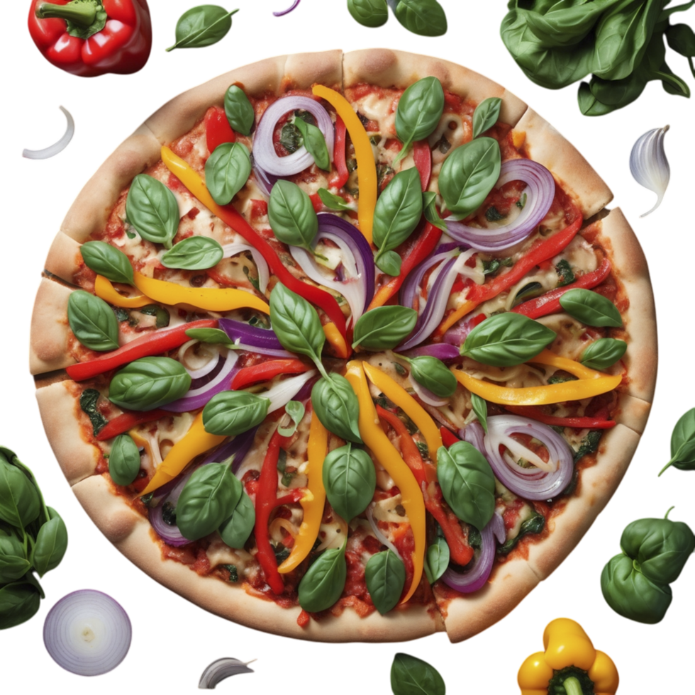 A pizza with colorful vegetables on top png