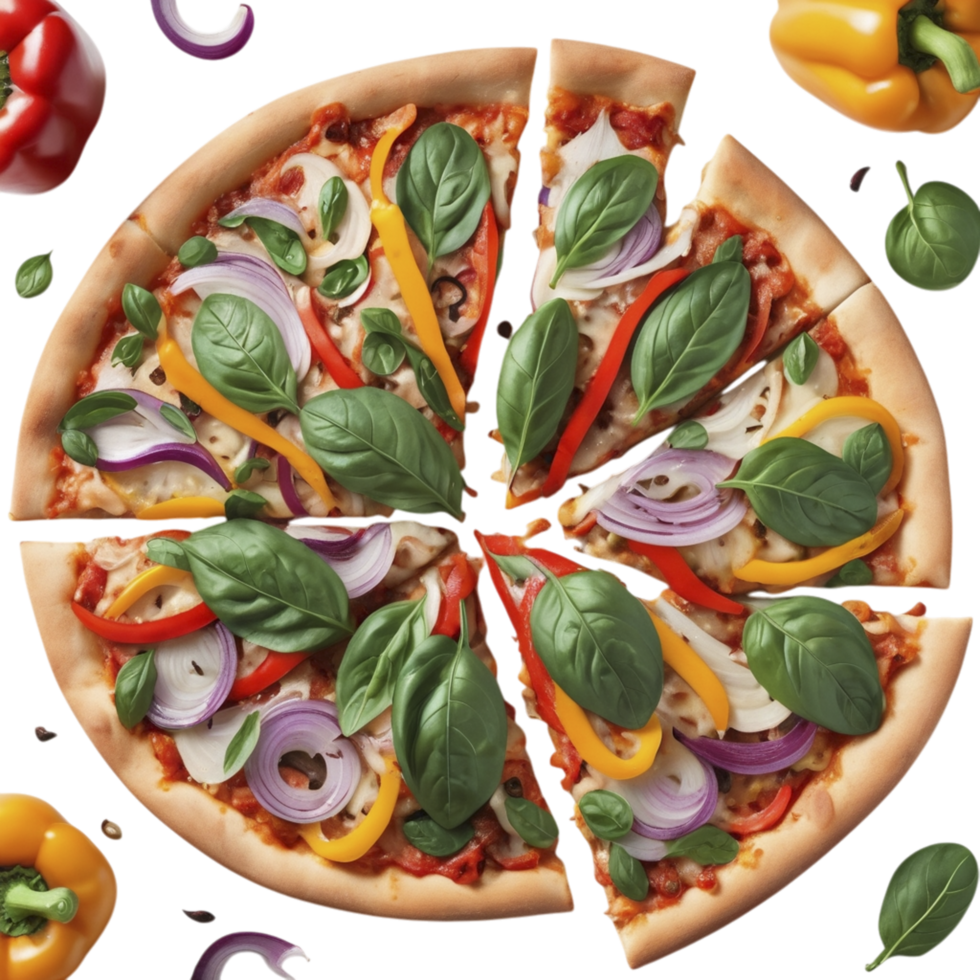 A pizza with vegetables and cheese on a black background png