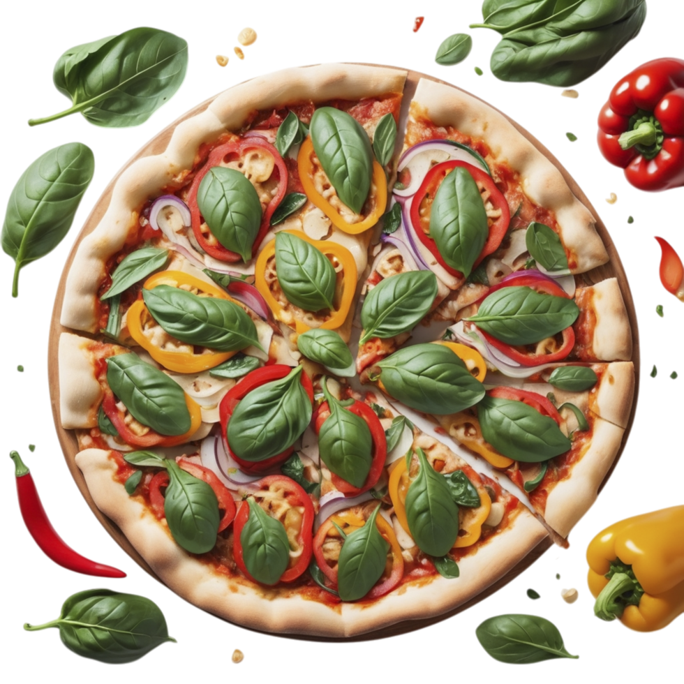 A pizza with fresh vegetables and herbs on a black background png