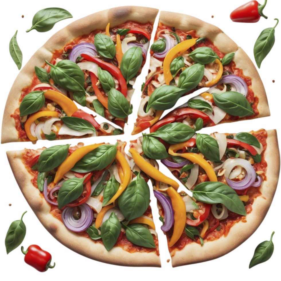 A pizza with vegetables and peppers on it png