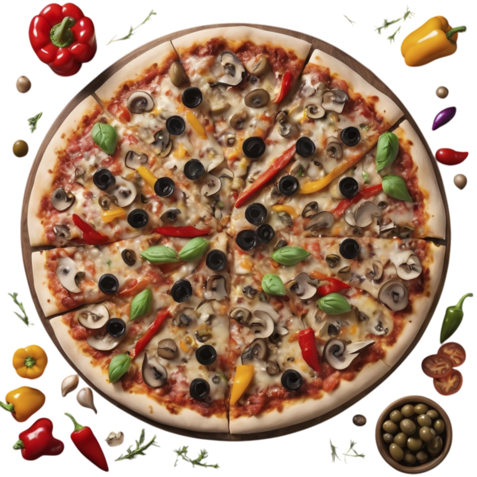 A pizza with many different toppings on a black background png