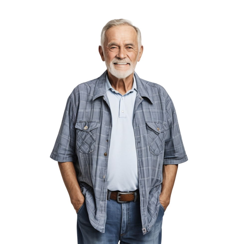 An older man in a plaid shirt and jeans png