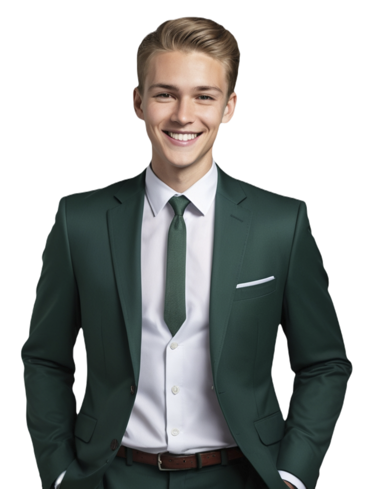 A young man in a green suit and white shirt png