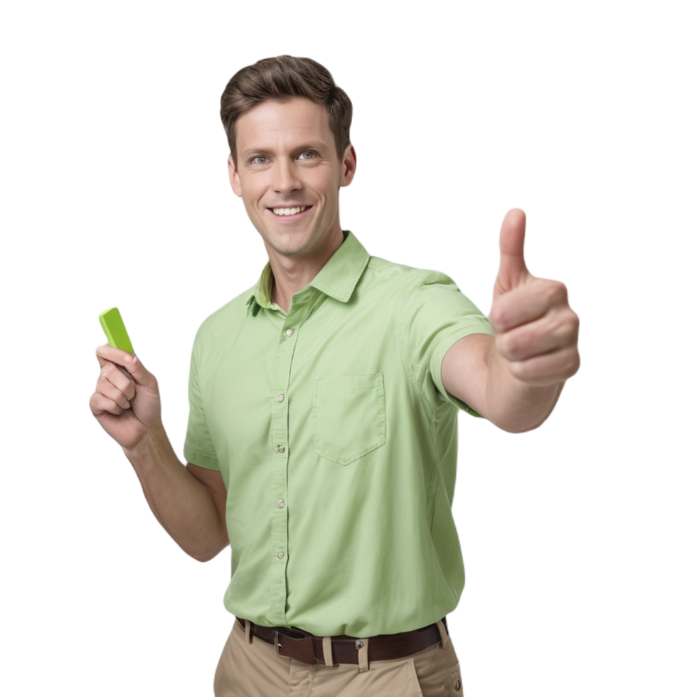 A man holding a green card and giving a thumbs up png