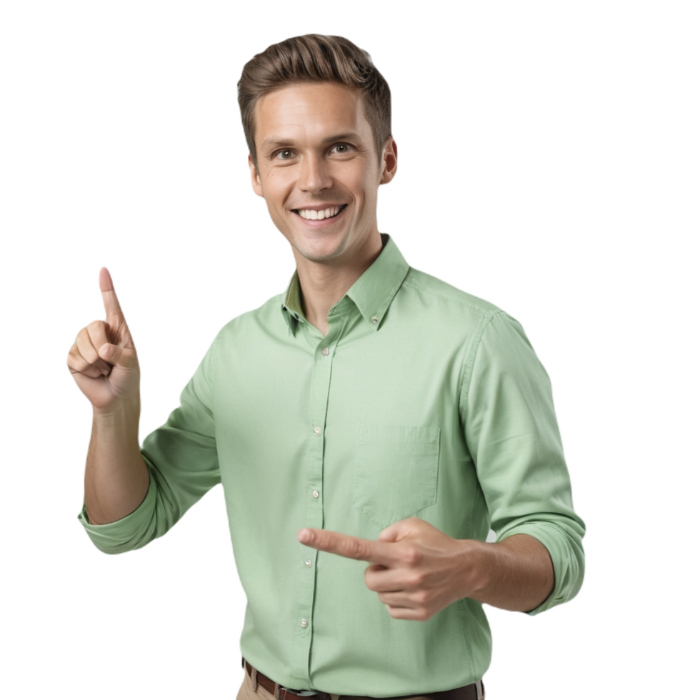 A man in a green shirt is pointing at something png