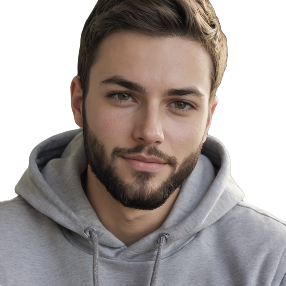A man with a beard and a grey hoodie png