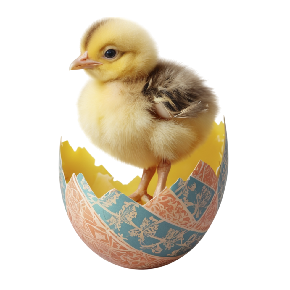 A baby chick is sitting inside an egg shell png