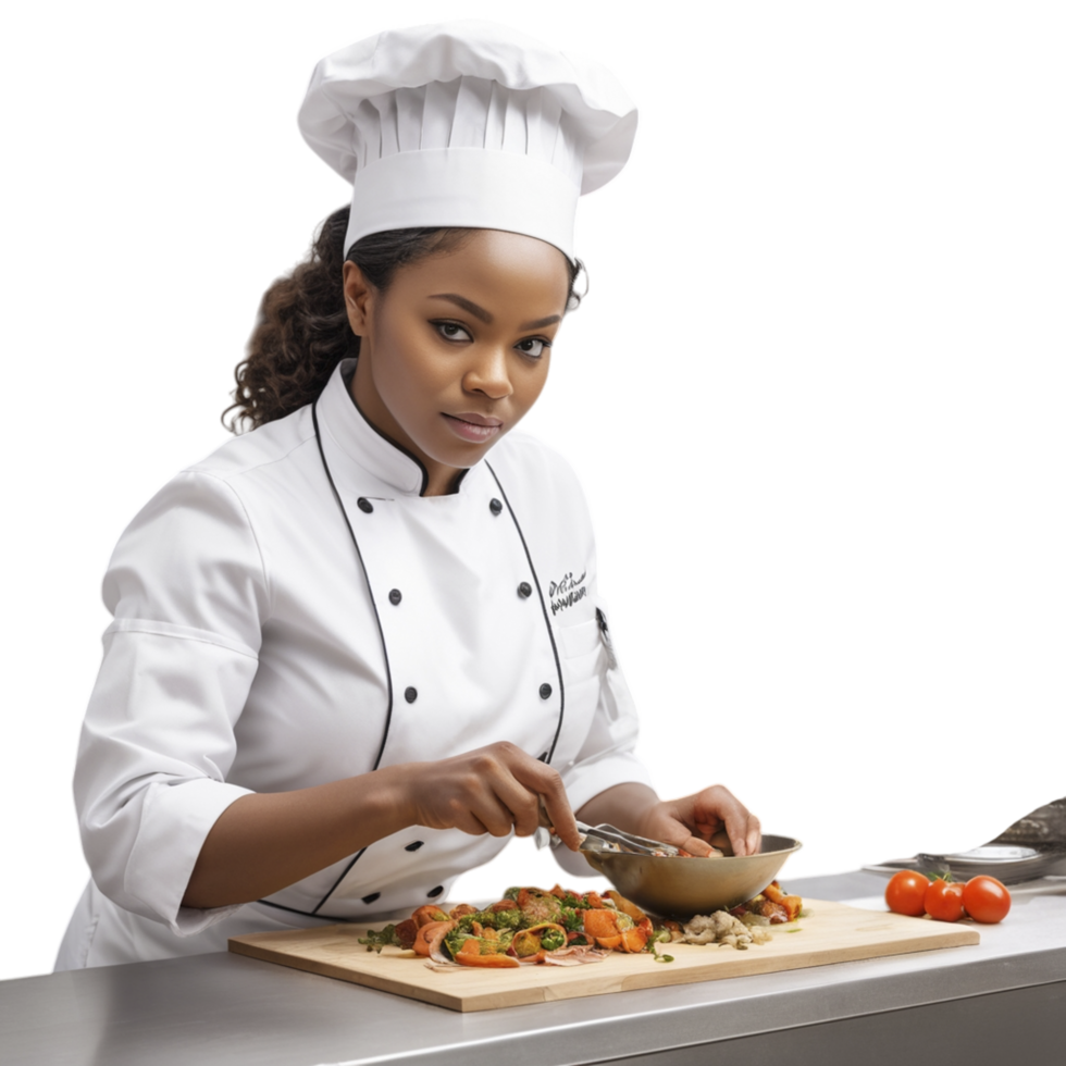 A woman in a chef's uniform is preparing food png