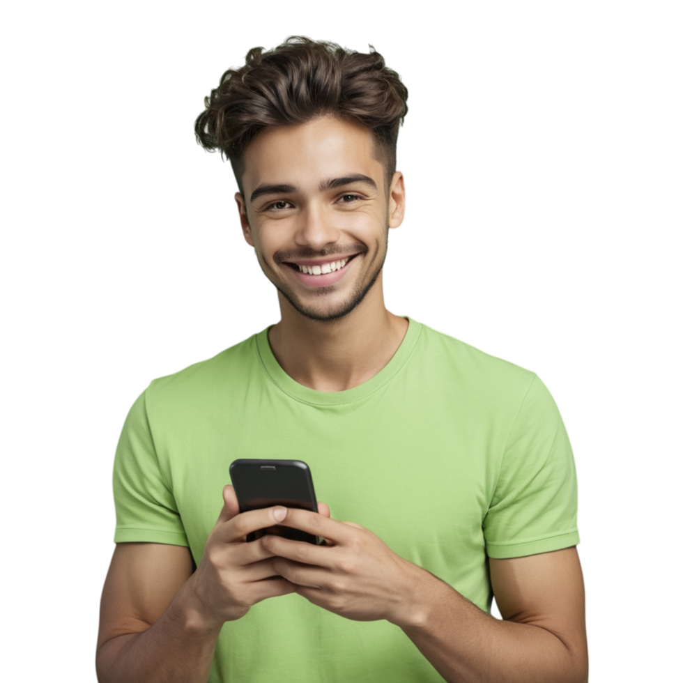 A man in a green shirt is smiling and holding his phone png