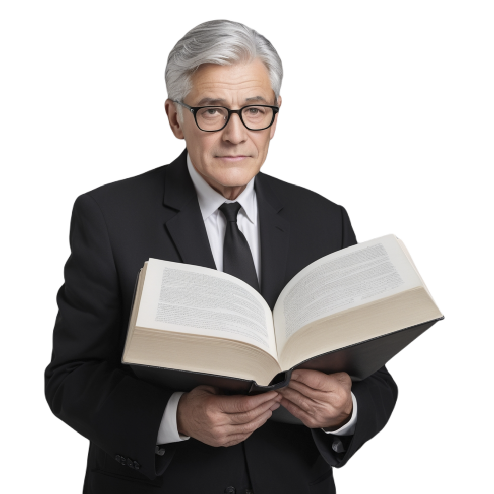An older man in a suit and tie holding an open book png