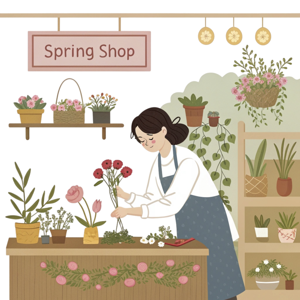 A woman is working in a flower shop png