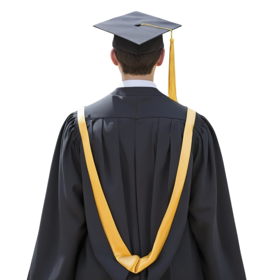 A graduate in a black gown and yellow sash png