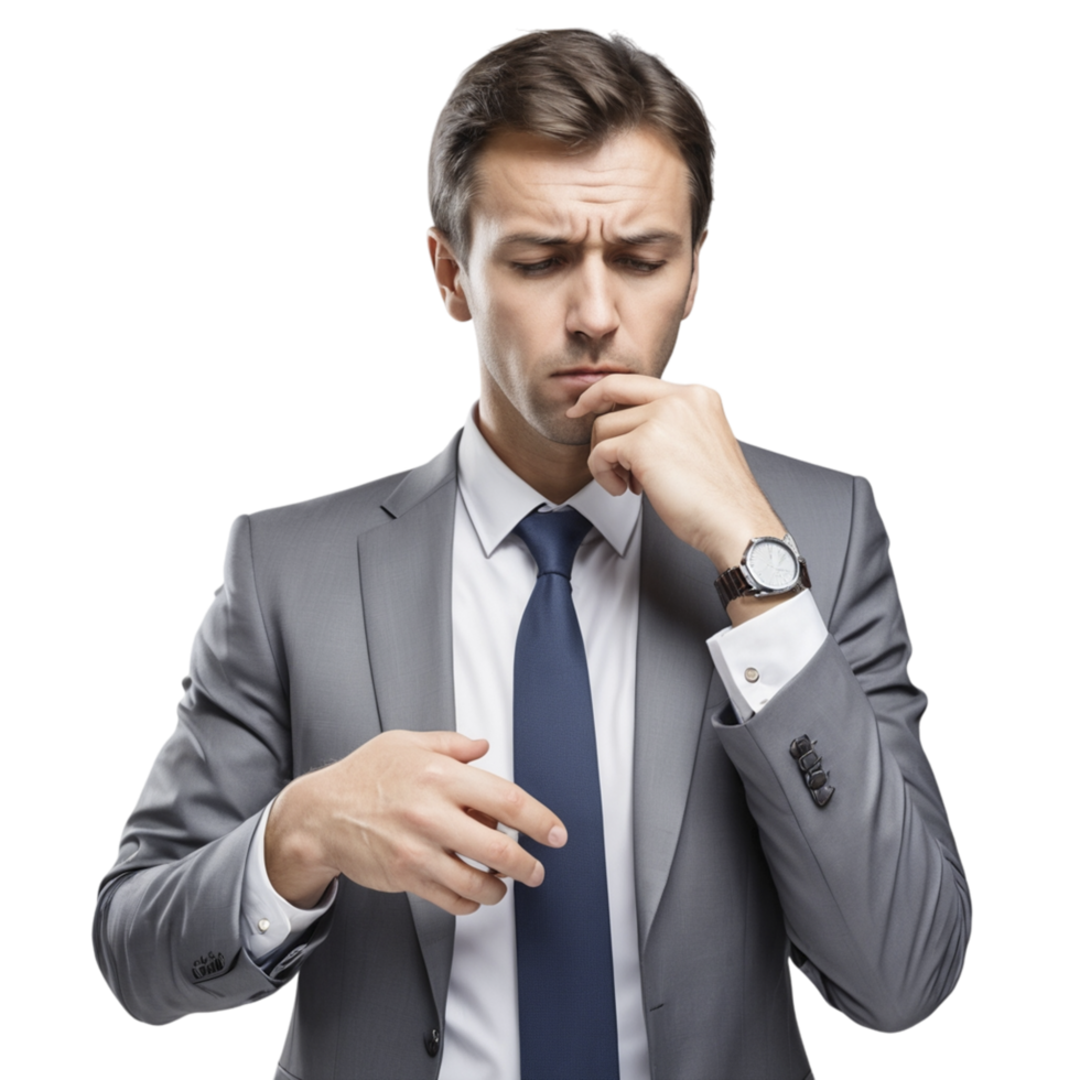 A man in a suit and tie is looking at his watch png