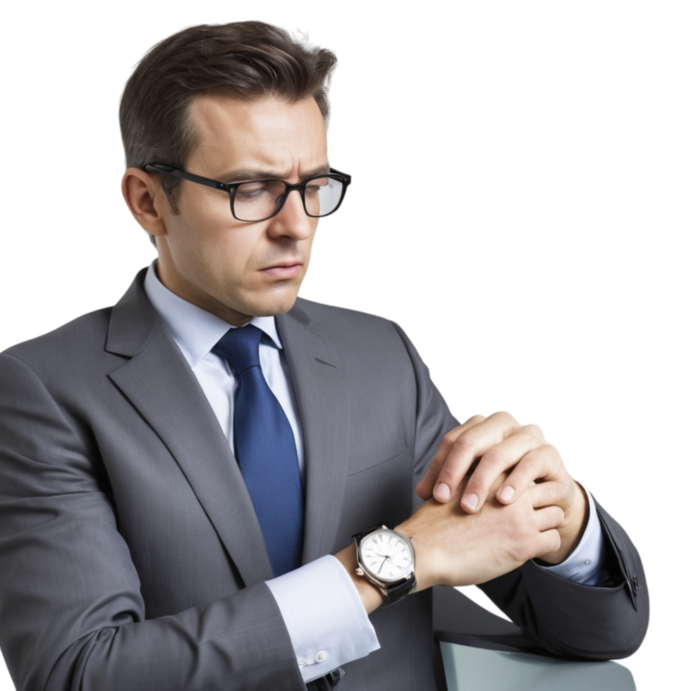 A man in a suit and glasses is checking his watch png