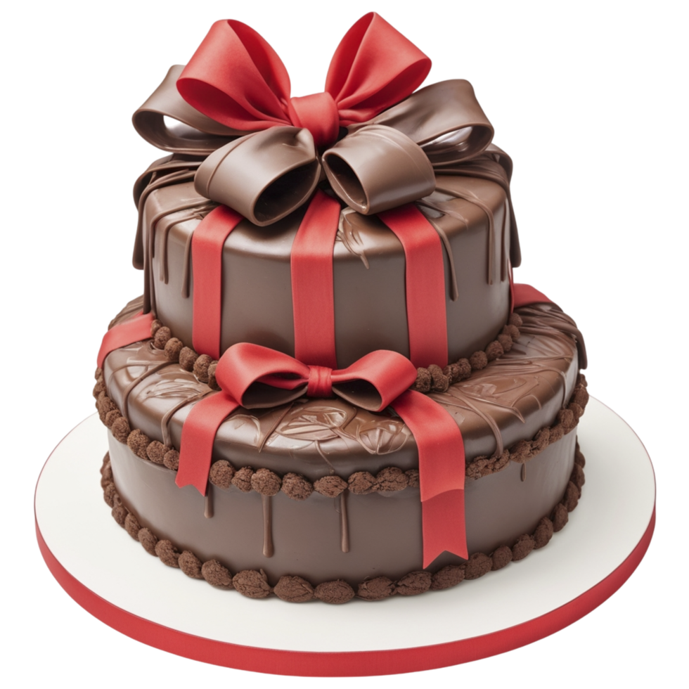 A chocolate cake with a red bow on top png
