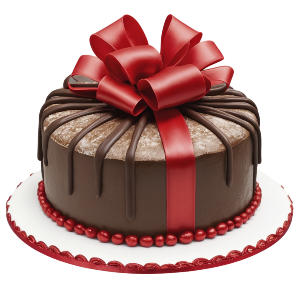 A chocolate cake with a red bow on top png