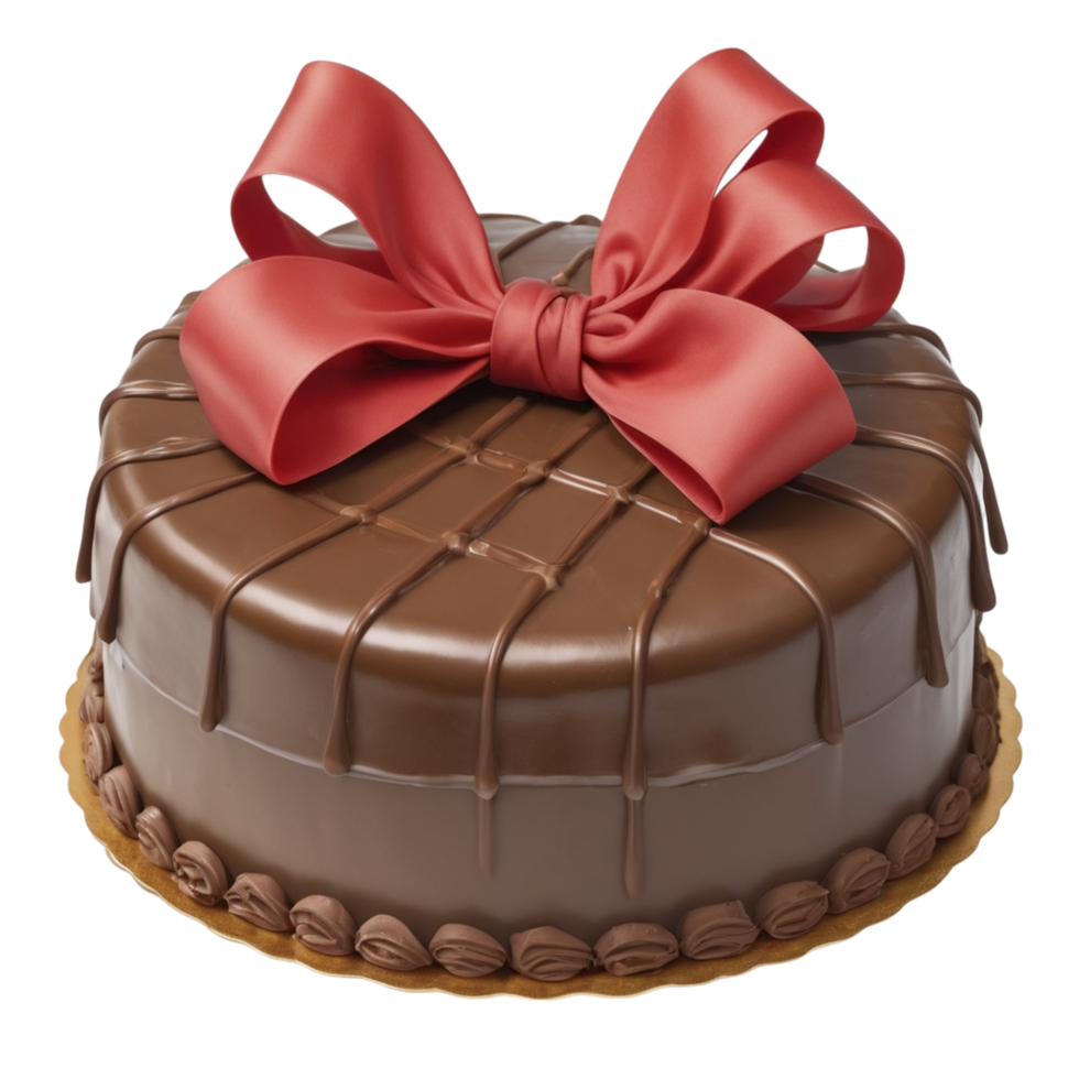 A chocolate cake with a red bow on top png