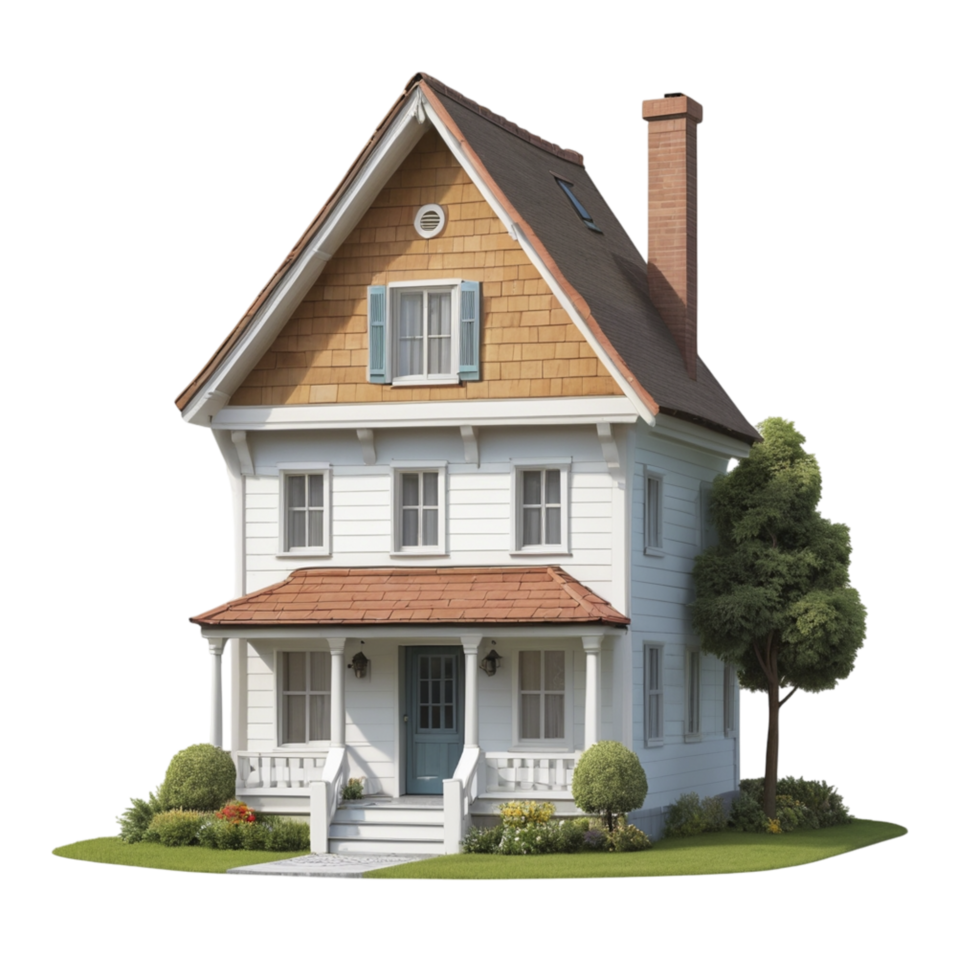 A house with a white roof and brown siding png