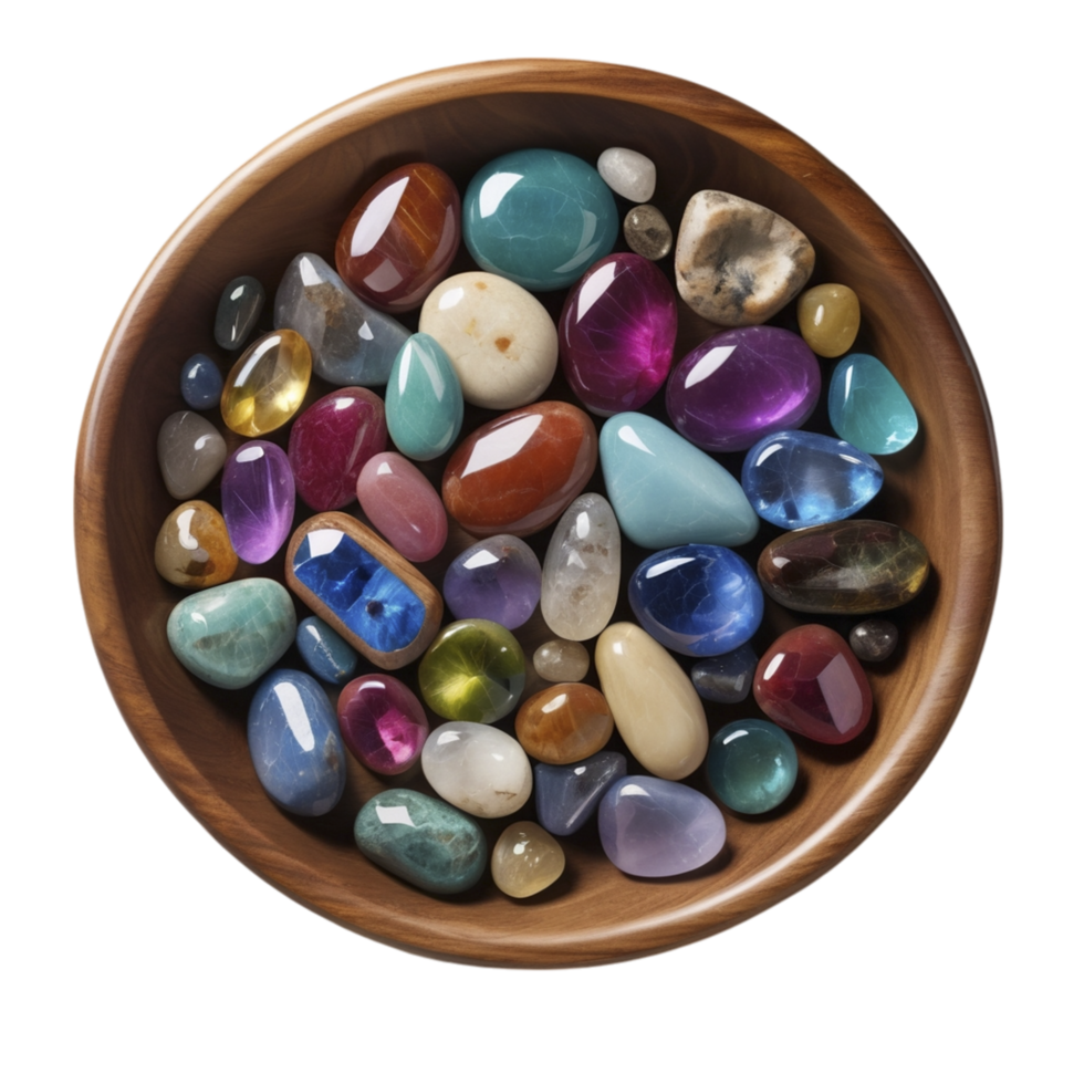 A bowl filled with colorful stones on a black background png
