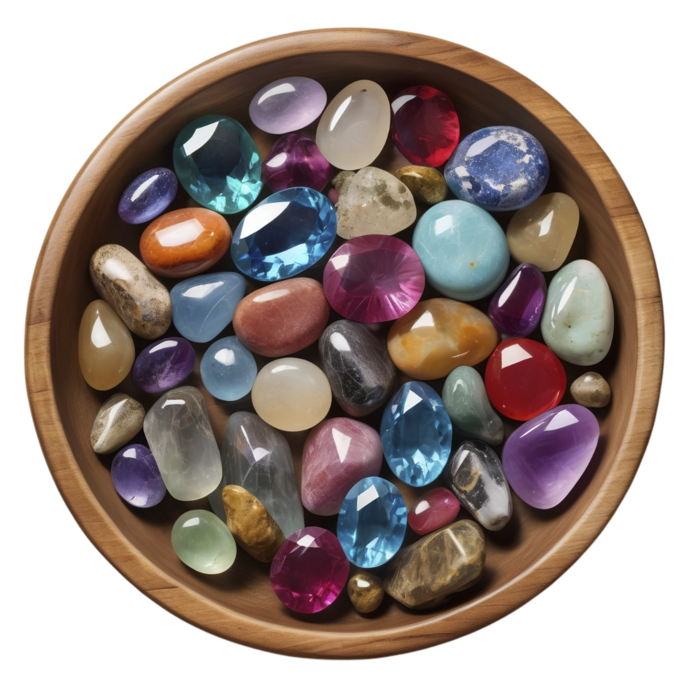 A bowl filled with colorful gems png