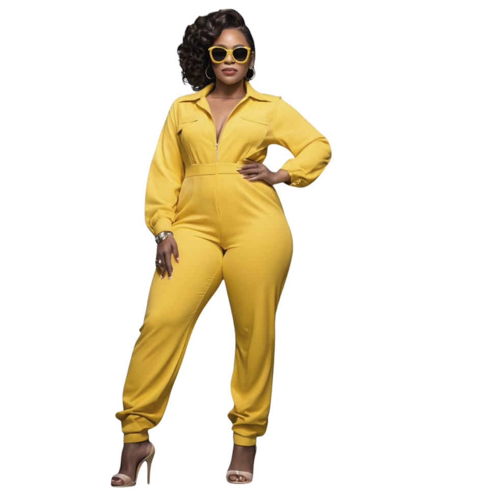 A woman in yellow jumpsuit posing for a photo png