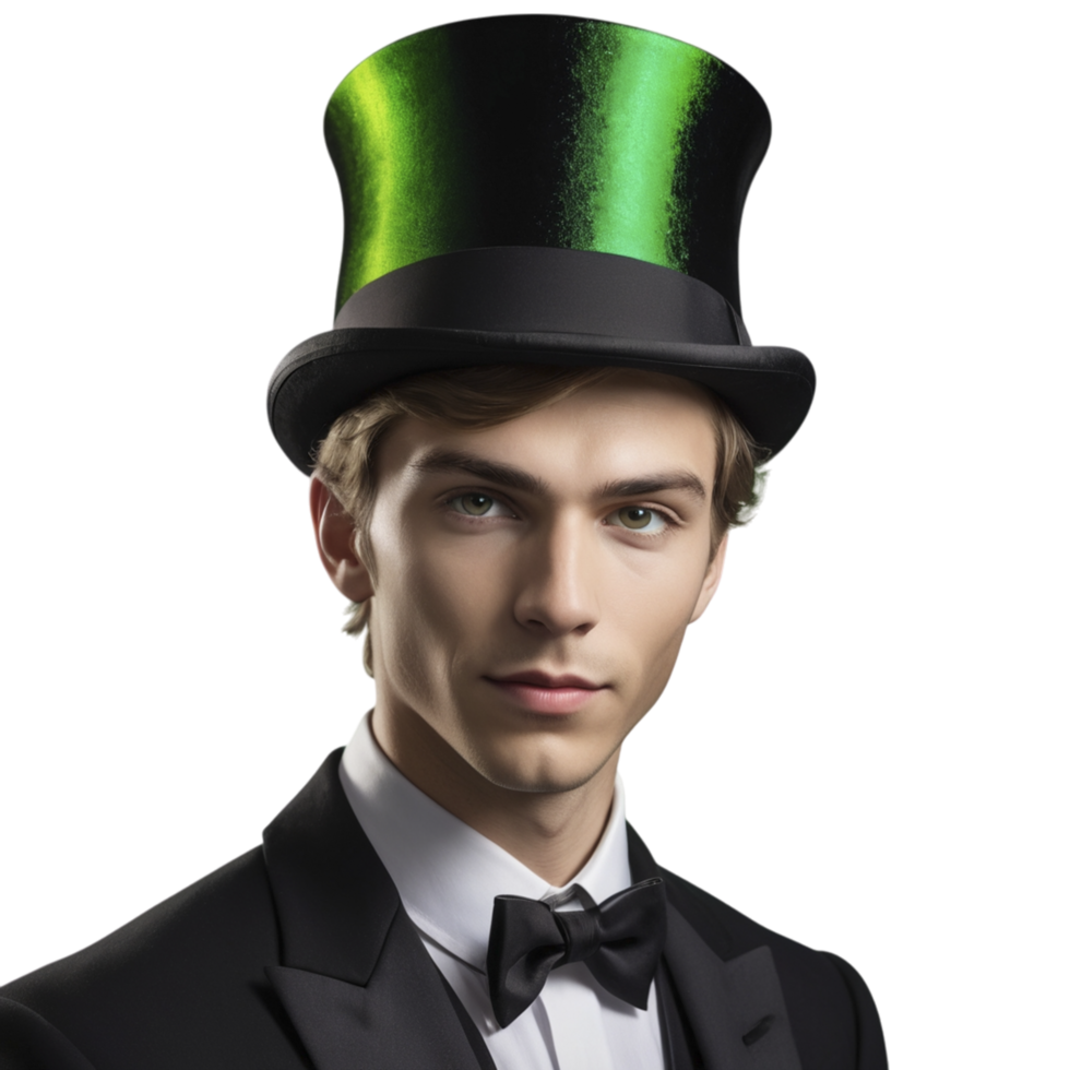 A man in a tuxedo wearing a green top hat png