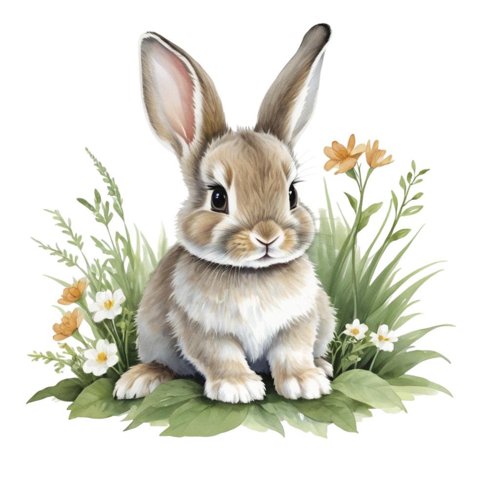 A cute little bunny sitting in the grass with flowers png