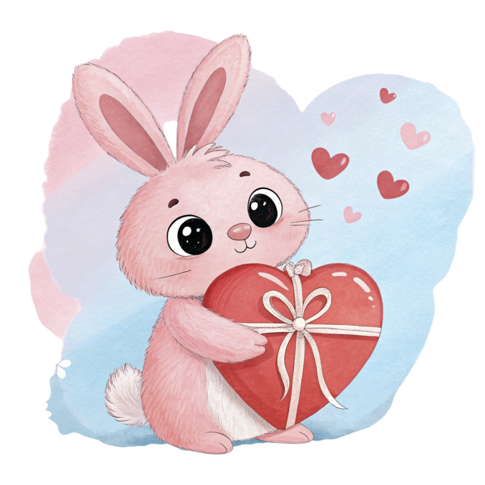 A cute pink bunny holding a heart shaped gift png