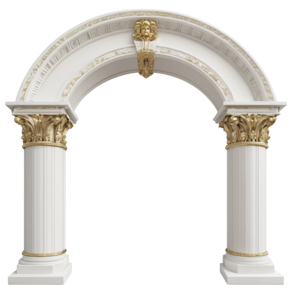 A white arch with gold trim and a lion head png