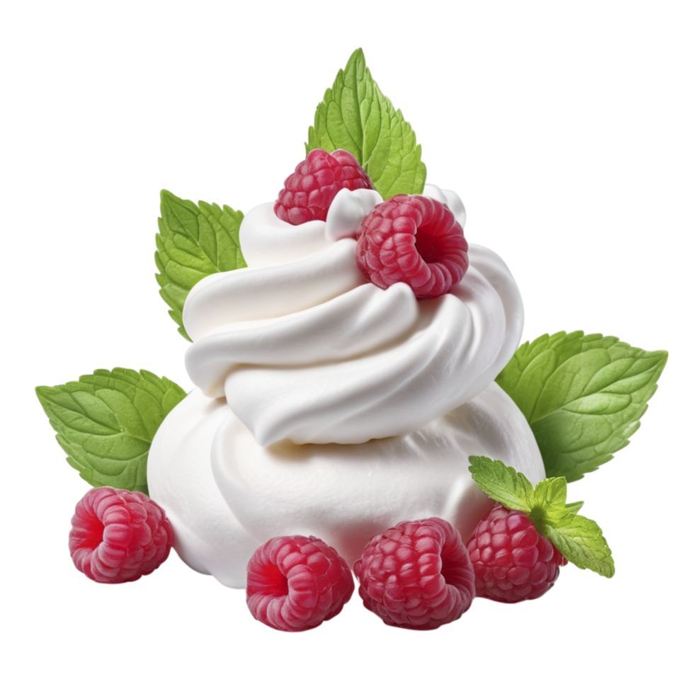 A whipped cream with raspberries and mint leaves png