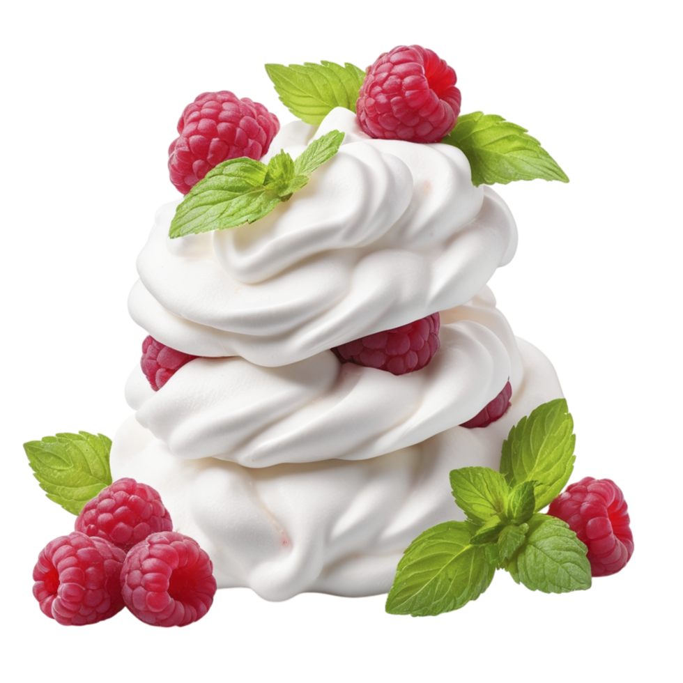 A stack of whipped cream with raspberries and mint leaves png