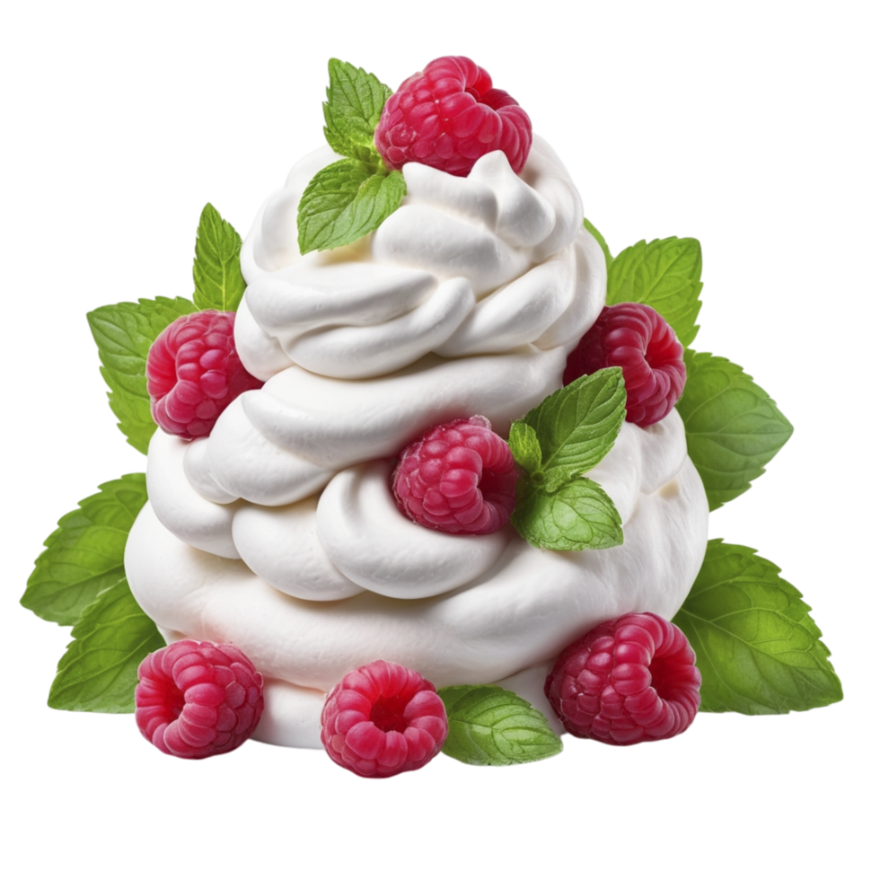 A white whipped cream with raspberries and mint leaves png