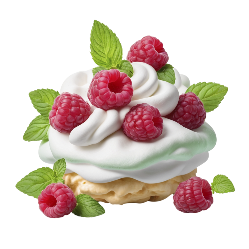 A dessert with whipped cream and raspberries png
